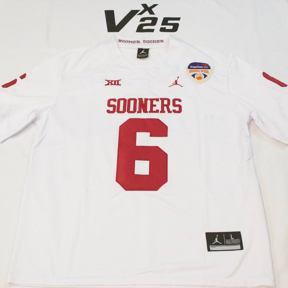 NEW Men's Baker Mayfield Oklahoma Sooners White Orange Bowl Jersey Sz Lg